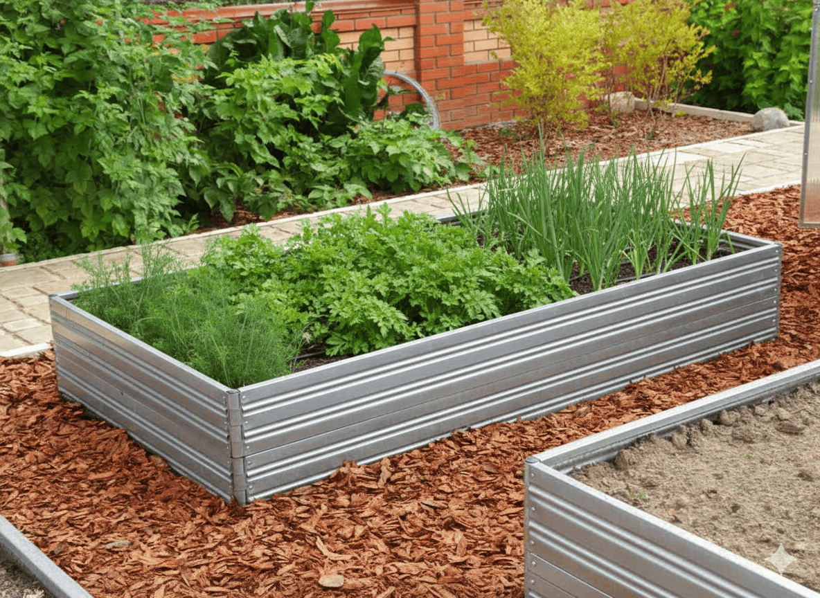 Metal Planta Garden Bed - 2 Tiers with green plants in a garden setting