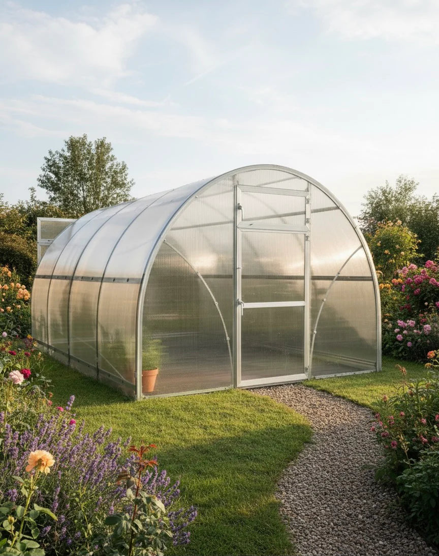 Polycarbonate Sigma 300 (Gen III) greenhouse in a garden with flowers and a clear sky