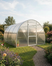 Polycarbonate Sigma 300 (Gen III) greenhouse in a garden with flowers and a clear sky