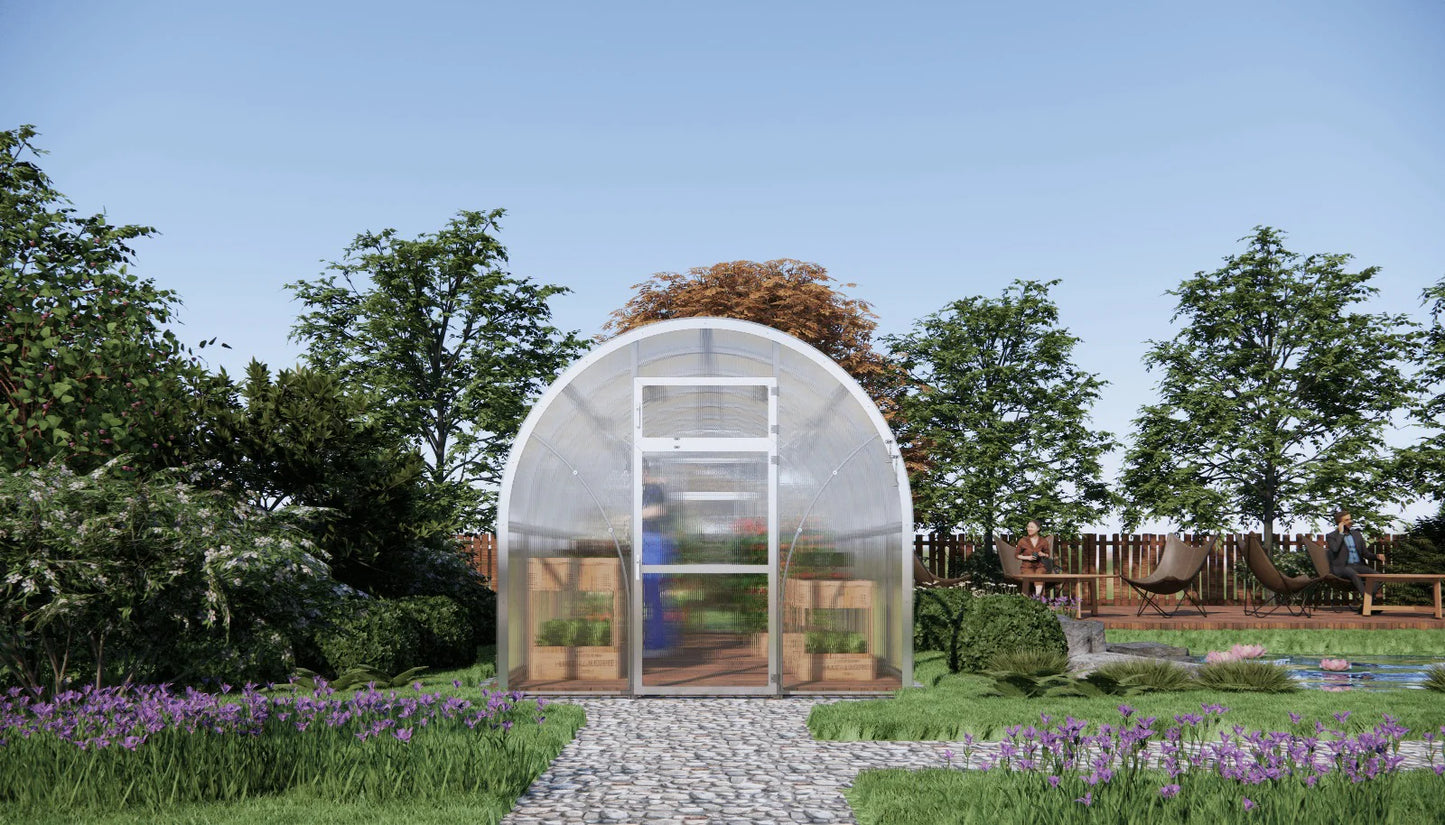 Sigma 250 (Gen III) greenhouse in a garden with trees and flowers around