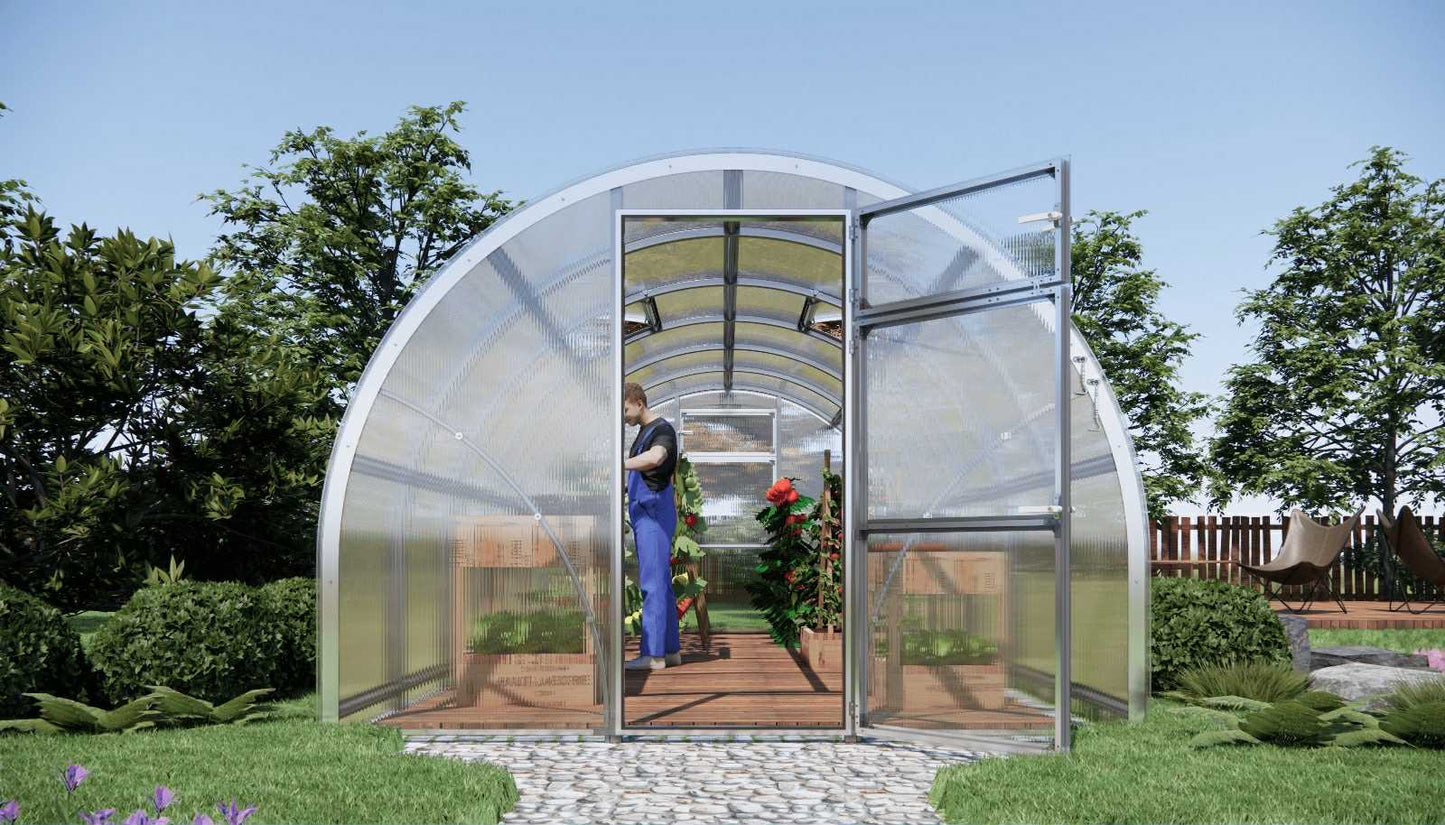 Semicircular  Sigma 300 (Gen III) greenhouse with transparent walls and a person inside, set against a natural background.